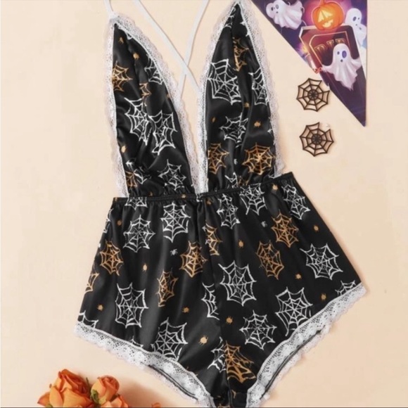 SHEIN Other - NWOT- Halloween spiderweb black satin deep v romper open back highwaisted